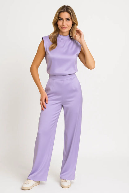 Dames Satijnlook Mouwloze Jumpsuit met Wijde Pijpen