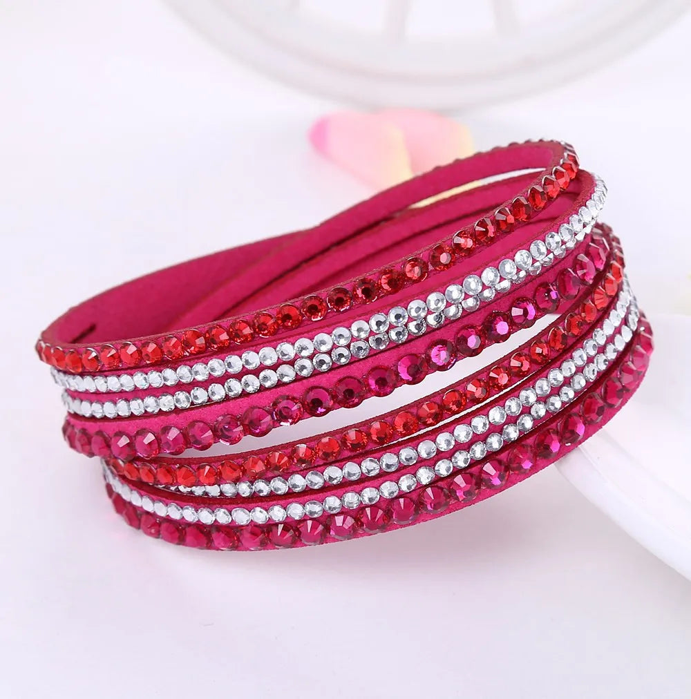 GlansWrap Wikkelarmband – Luxe Meerlaagse Leren Armband met Rhinestones