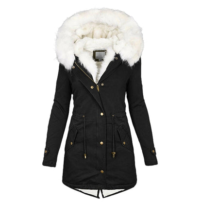 Warme Fleecegevoerde Winterjas Dames – Winddichte Lange Jas met Capuchon