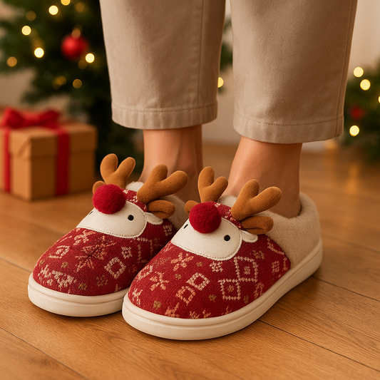 Nordora Winter Slippers – Warme Slippers met Rendiermotief voor Feestelijke Gezelligheid