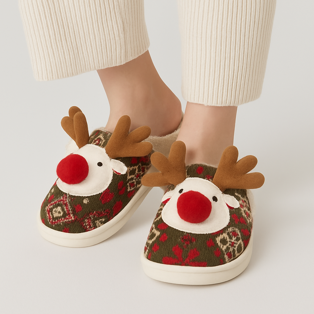 Nordora Winter Slippers – Warme Slippers met Rendiermotief voor Feestelijke Gezelligheid