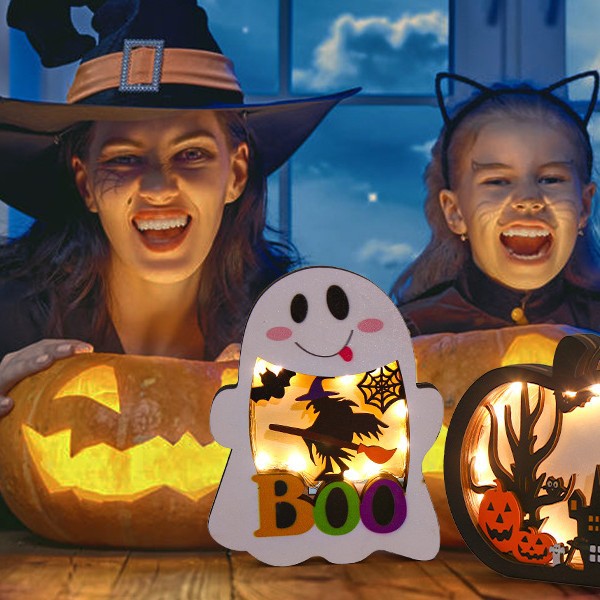 Houten decoratieset driedimensionale Halloween schaduwdozen met LED-verlichting en meerlagige motieven