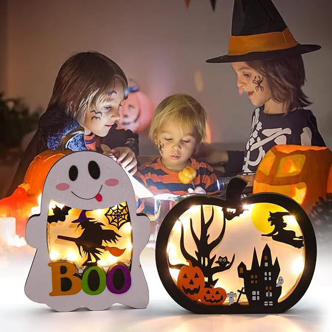 Houten decoratieset driedimensionale Halloween schaduwdozen met LED-verlichting en meerlagige motieven