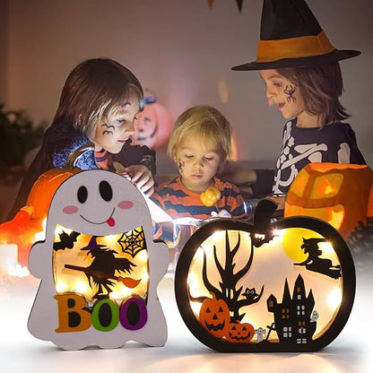 Houten decoratieset driedimensionale Halloween schaduwdozen met LED-verlichting en meerlagige motieven