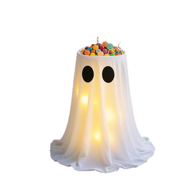 Gloeiende Halloween snoepkom met spookomslag en LED-interieurverlichting