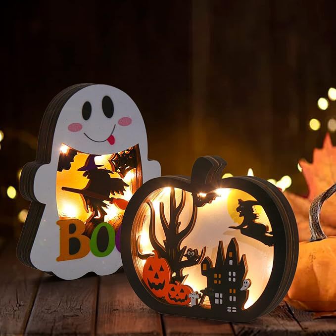 Houten decoratieset driedimensionale Halloween schaduwdozen met LED-verlichting en meerlagige motieven