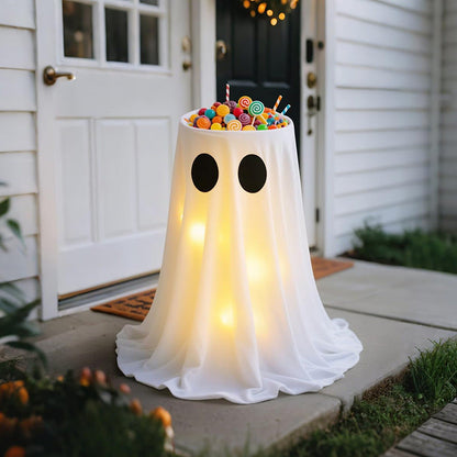 Gloeiende Halloween snoepkom met spookomslag en LED-interieurverlichting