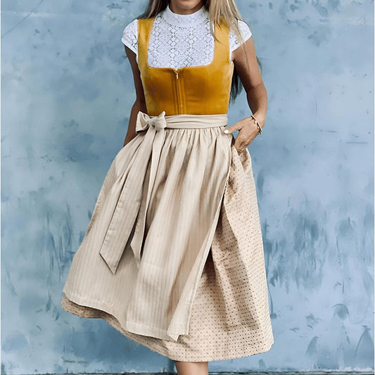AlpenCharm Dirndljurk – Oranje Vintage Trachtenjurk met Beige Schort