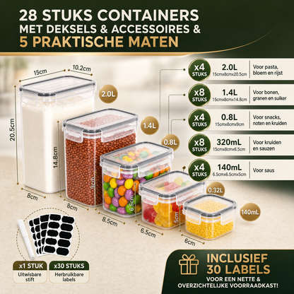 PantryPro | Voedselbewaarcontainers set | 28-Delige Voedselbewaarset Luchtdicht BPA-Vrij – Stapelbare Keukencontainers met Deksel voor Ontbijtgranen Bloem Suiker, Inclusief Etiketten