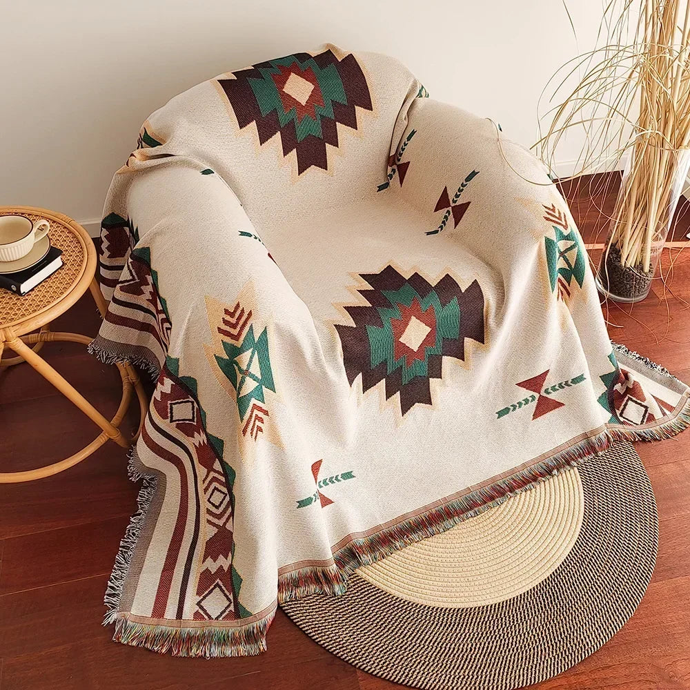 Boho Aztec Oversized Katoenen Deken met Franjes – Omkeerbaar voor Bank & Bed