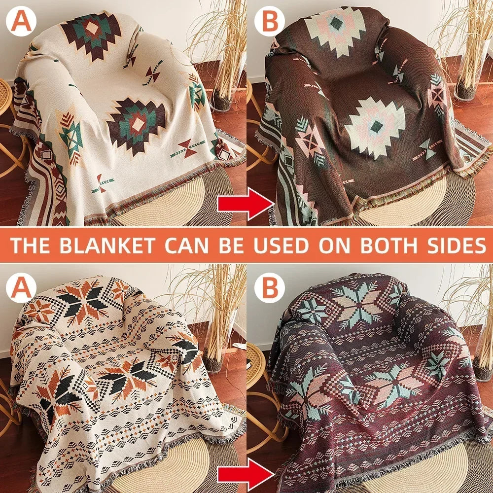 Boho Aztec Oversized Katoenen Deken met Franjes – Omkeerbaar voor Bank & Bed