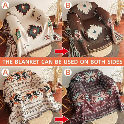 Boho Aztec Oversized Katoenen Deken met Franjes – Omkeerbaar voor Bank & Bed
