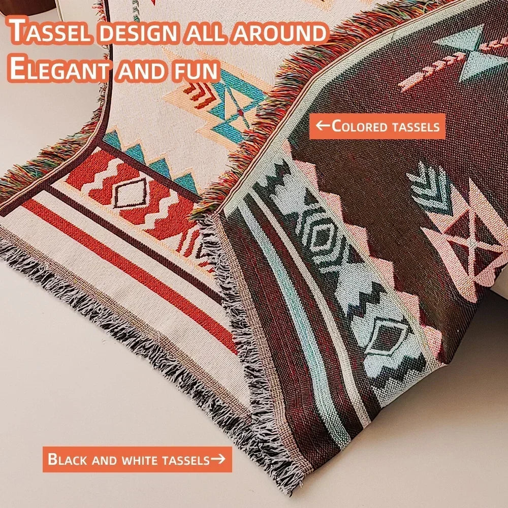 Boho Aztec Oversized Katoenen Deken met Franjes – Omkeerbaar voor Bank & Bed