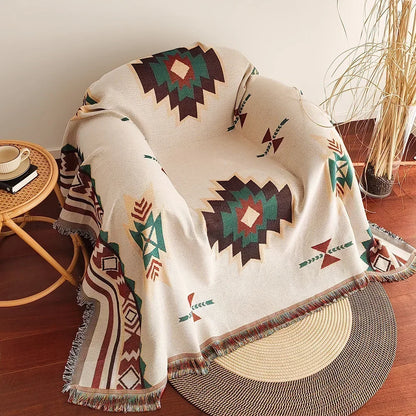 Boho Aztec Oversized Katoenen Deken met Franjes – Omkeerbaar voor Bank & Bed