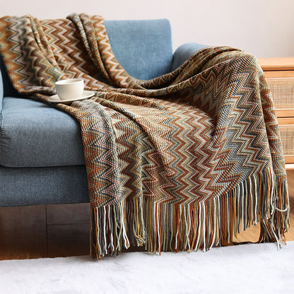 Boho Chevron Dekbedovertrek – Handgeweven – Met Franjes – Warme Aardetinten