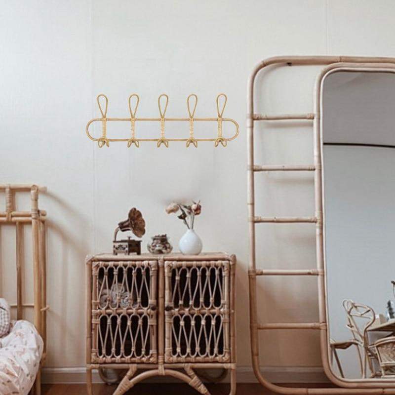 Rotan Wandhanger met 5 Haken voor Jassen, Tassen en Handdoeken