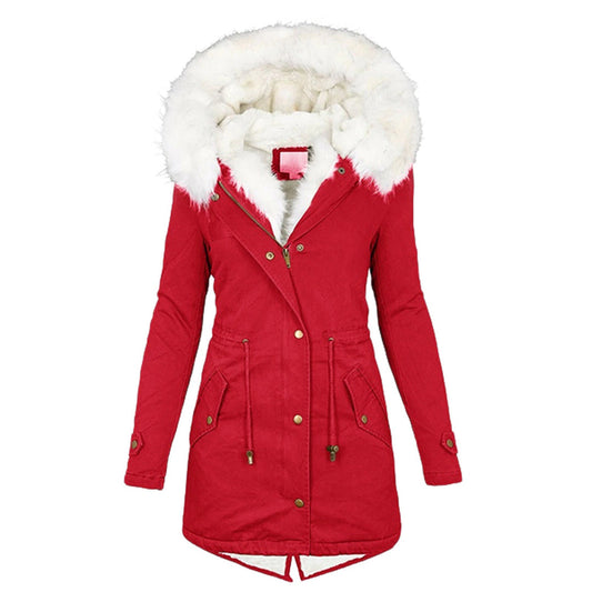 Warme Fleecegevoerde Winterjas Dames – Winddichte Lange Jas met Capuchon