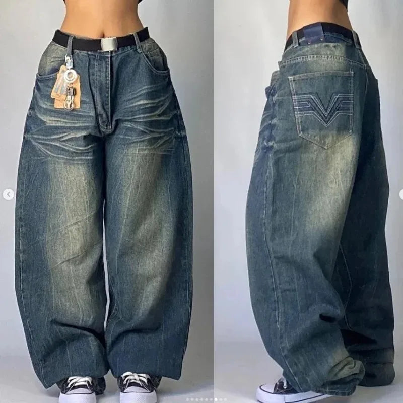 Retro Punk Baggy Cargo Jeans – Unisex Wijde Spijkerbroek met Zakken