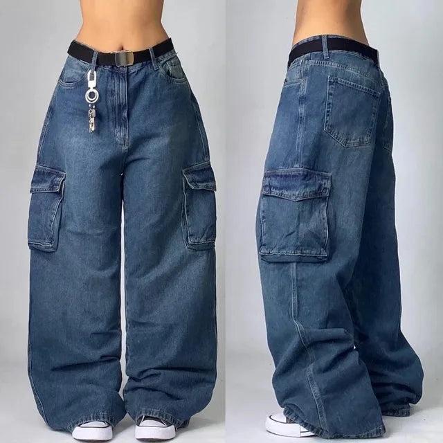 Retro Punk Baggy Cargo Jeans – Unisex Wijde Spijkerbroek met Zakken