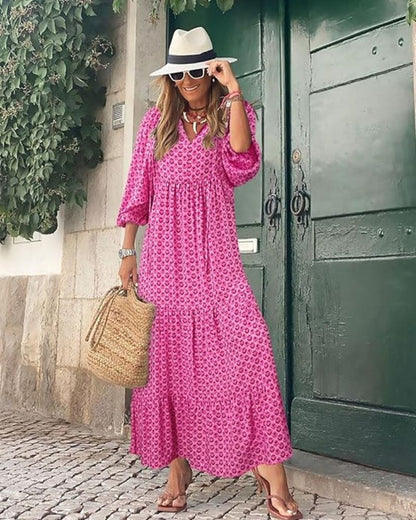 Zomergloed bohemian damesjurk – lange groene zomerjurk met print en V-hals