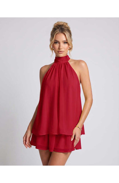 ZomerFlair Mini Jurk met Halterneck en Gelaagde Rok