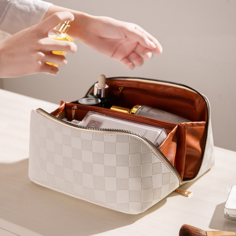 Luxe Geruite Cosmetica Organizer - PU-leer Kosmetiktasje met Meerdere Vakken