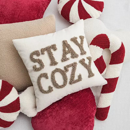 Feestelijk Snoeppatroon Sierkussen - Rood Wit Fluweel Decoratiekussen