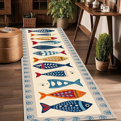 Maritieme Vissenpatroon Gangloper - Antislip Wasbaar Polyester voor Hal en Gang