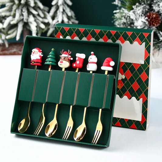 GoudFeest Kerst Bestekset – Luxe Gouden Lepel en Vork met Santa Claus Ontwerp