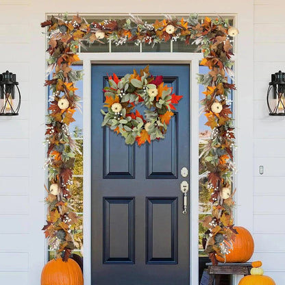 AutumnPumpkin Herfstkrans met Esdoornbladeren en Pompoenen – Voordeurdecoratie