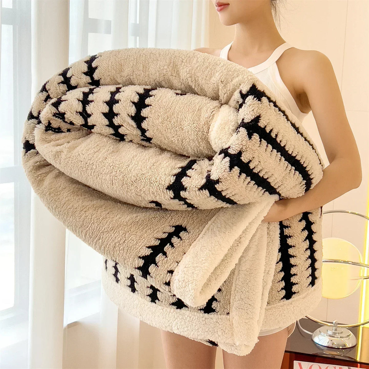 Scandinavische Dubbelzijdige Fleece Warmtedeken met Geometrisch Patroon
