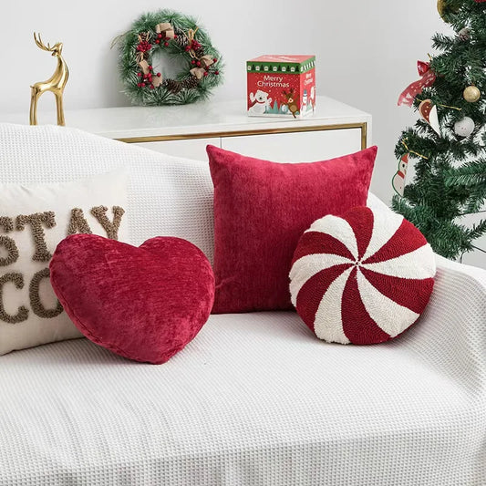 Feestelijk Snoeppatroon Sierkussen - Rood Wit Fluweel Decoratiekussen