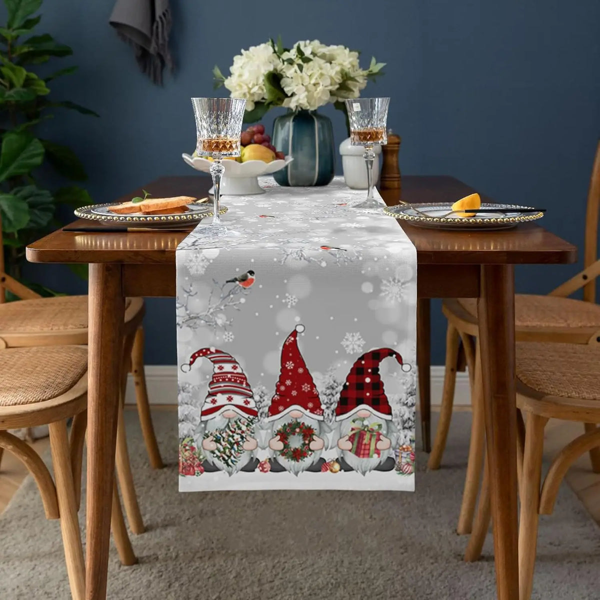 Feestelijke Linnen Tafelloper met Sneeuwkabouters – Kerstdecoratie