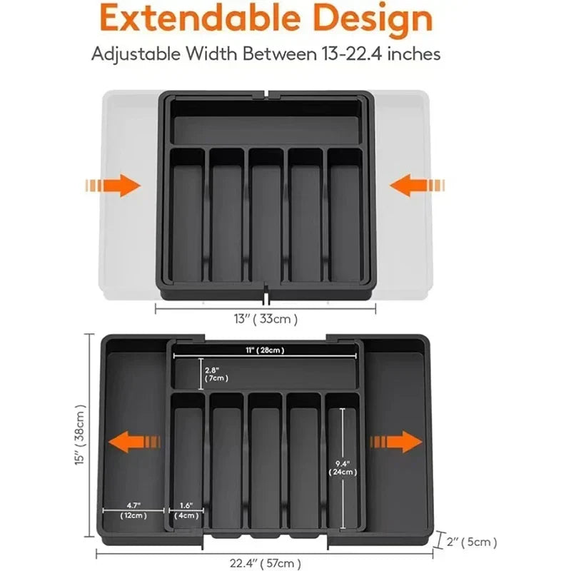 Uitschuifbare bestekorganizer met verstelbare vakken | 38×35 cm | PP-kunststof