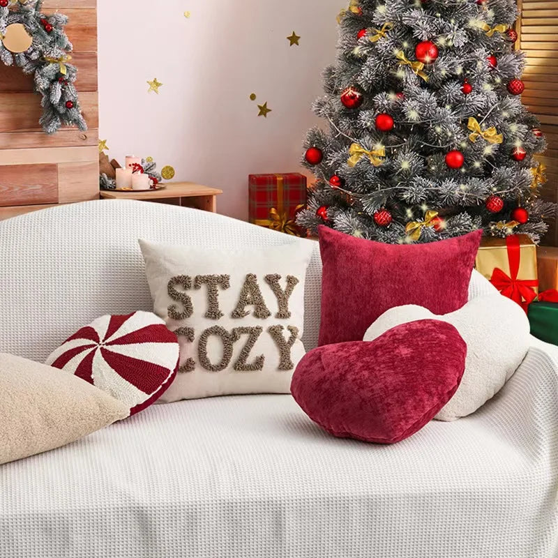 Feestelijk Snoeppatroon Sierkussen - Rood Wit Fluweel Decoratiekussen