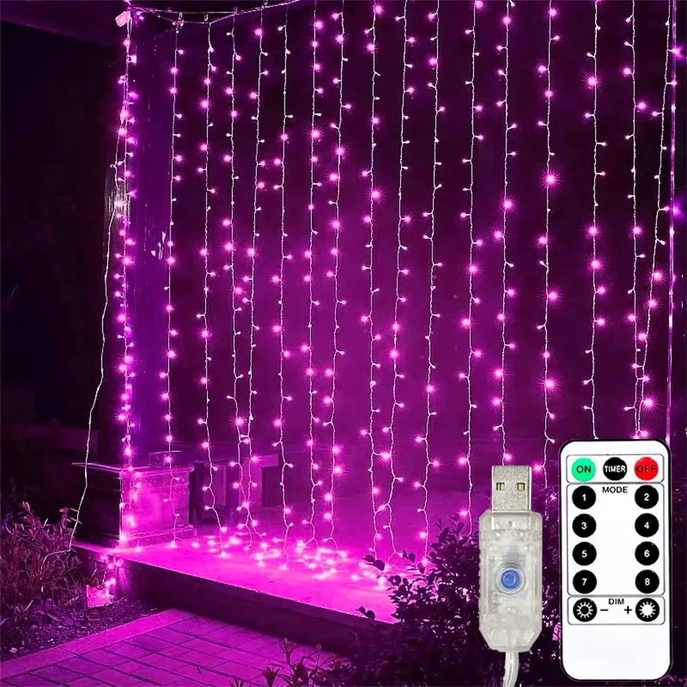 Flexibel LED-lichtgordijn met USB-voeding – 8 modi, warm wit, roze en blauw