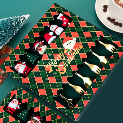 GoudFeest Kerst Bestekset – Luxe Gouden Lepel en Vork met Santa Claus Ontwerp
