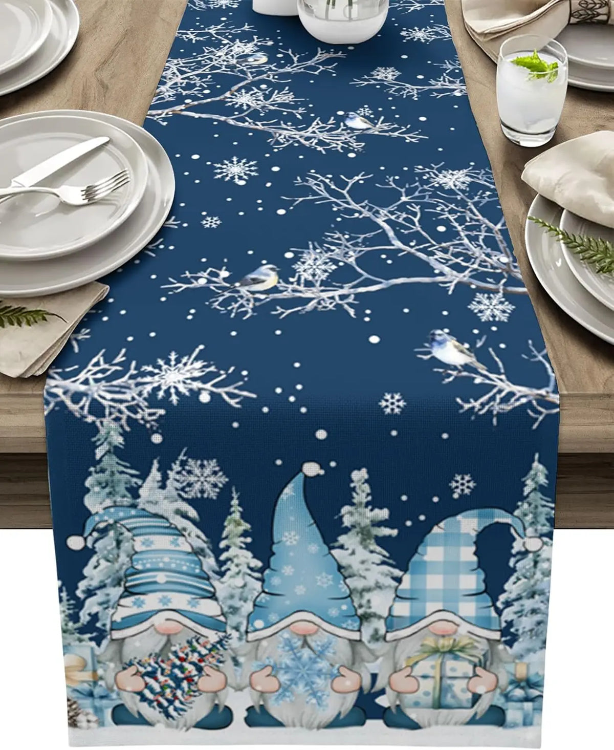 Feestelijke Linnen Tafelloper met Sneeuwkabouters – Kerstdecoratie