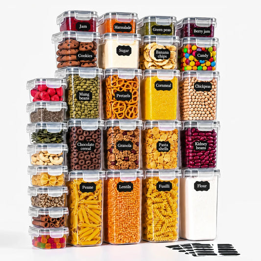 PantryPro | Voedselbewaarcontainers set | 28-Delige Voedselbewaarset Luchtdicht BPA-Vrij – Stapelbare Keukencontainers met Deksel voor Ontbijtgranen Bloem Suiker, Inclusief Etiketten