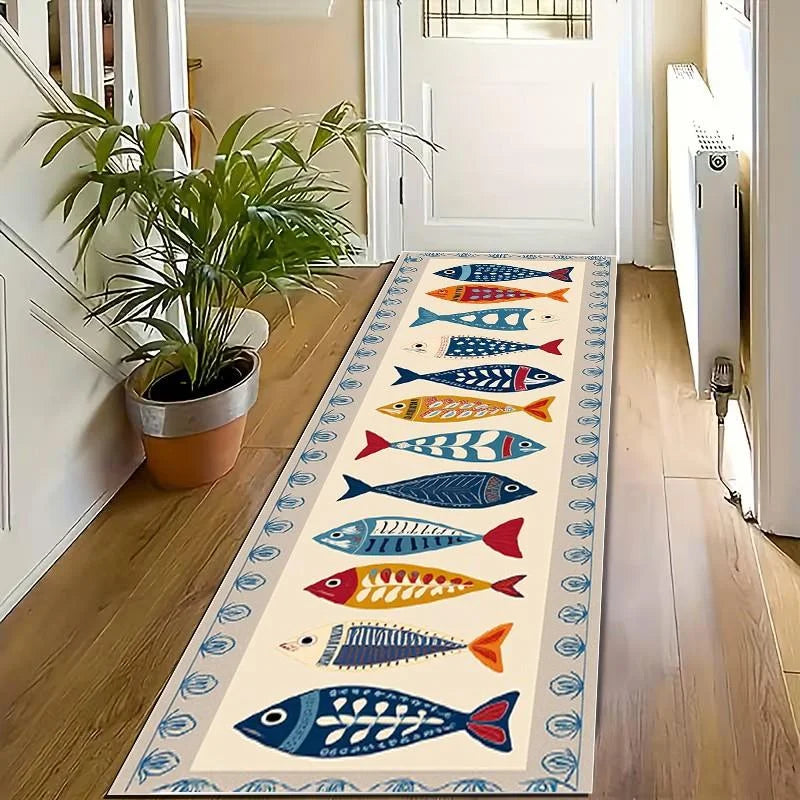 Maritieme Vissenpatroon Gangloper - Antislip Wasbaar Polyester voor Hal en Gang