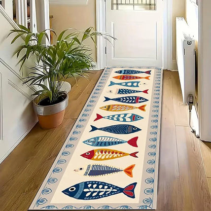 Maritieme Vissenpatroon Gangloper - Antislip Wasbaar Polyester voor Hal en Gang