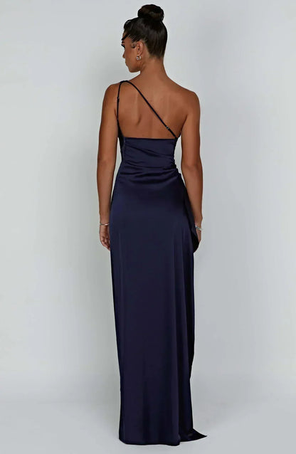Elegante Satijnen One-Shoulder Maxi Avondjurk met Hoge Split