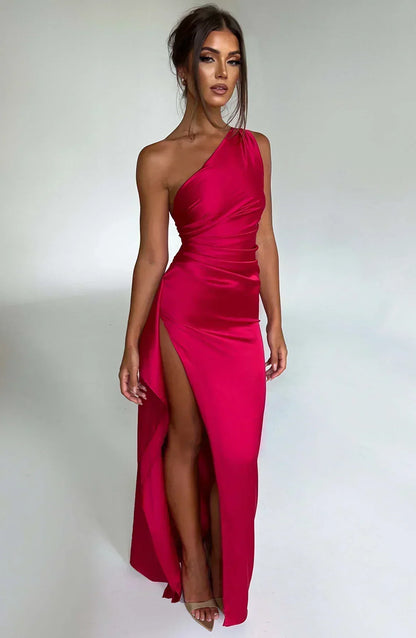 Elegante Satijnen One-Shoulder Maxi Avondjurk met Hoge Split