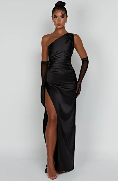 Elegante Satijnen One-Shoulder Maxi Avondjurk met Hoge Split