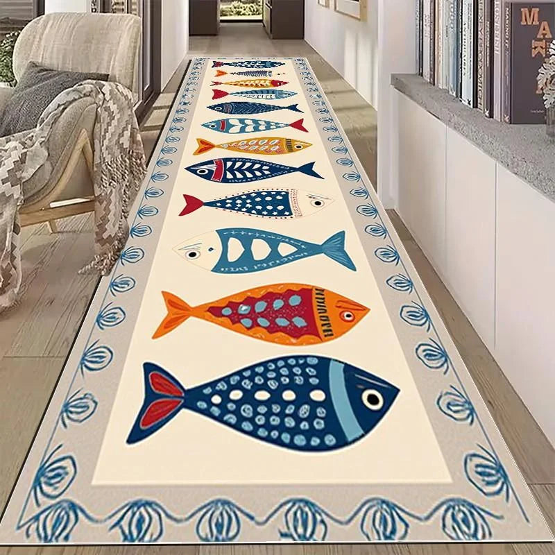 Maritieme Vissenpatroon Gangloper - Antislip Wasbaar Polyester voor Hal en Gang