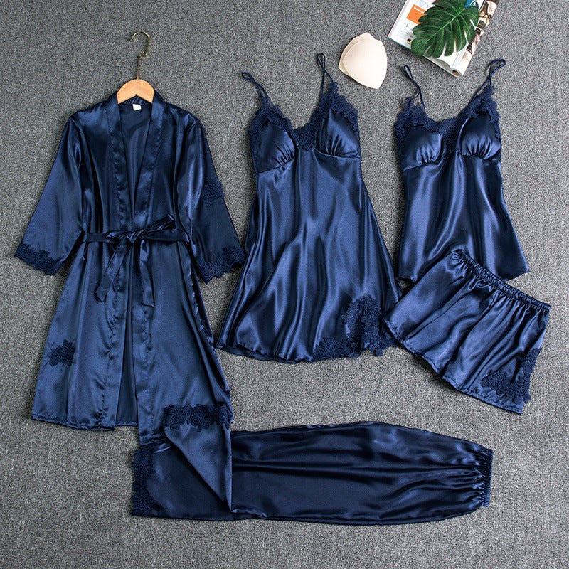 Luxe Zijdezachte Dames Pyjamaset 5-Delig voor Slapen, Loungen en Valentijn