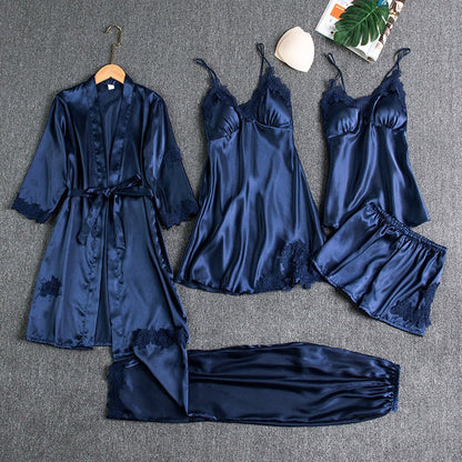 Luxe Zijdezachte Dames Pyjamaset 5-Delig voor Slapen, Loungen en Valentijn