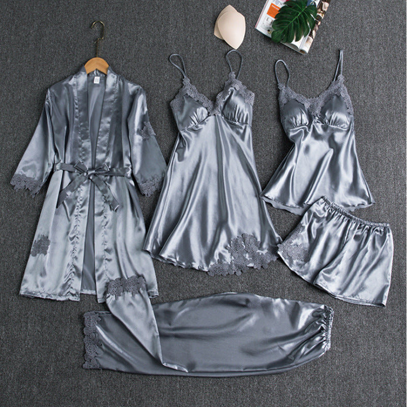 Luxe Zijdezachte Dames Pyjamaset 5-Delig voor Slapen, Loungen en Valentijn