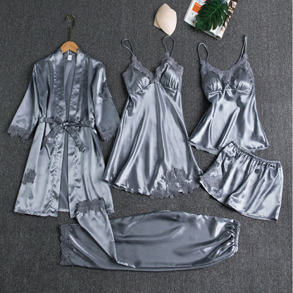 Luxe Zijdezachte Dames Pyjamaset 5-Delig voor Slapen, Loungen en Valentijn