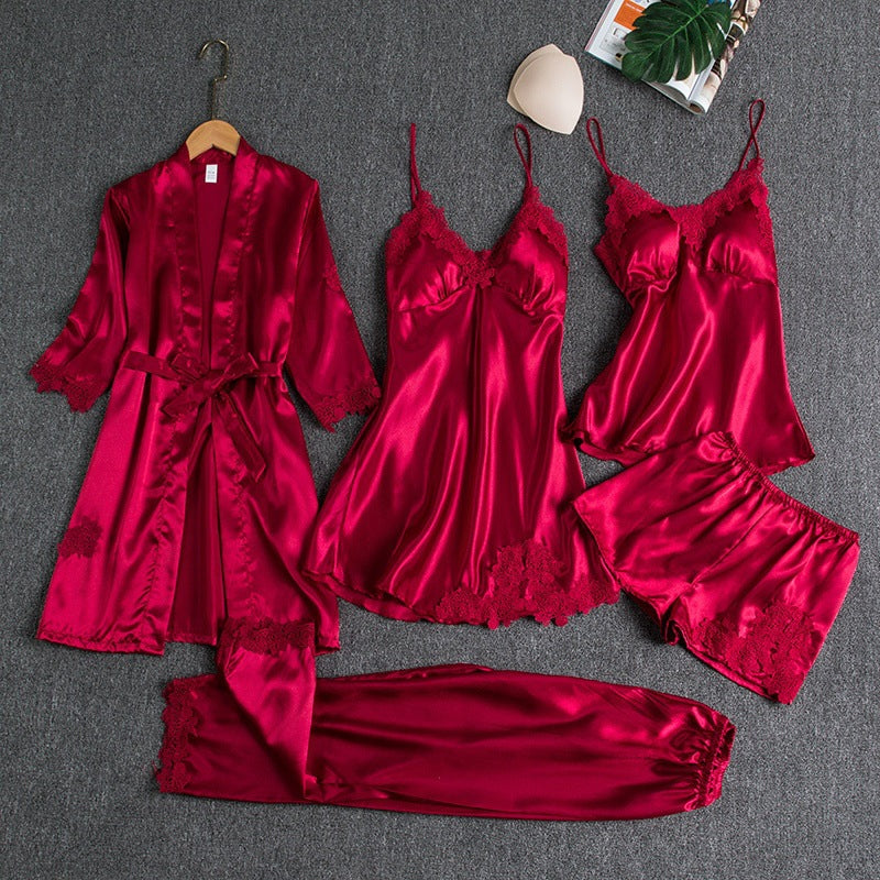Luxe Zijdezachte Dames Pyjamaset 5-Delig voor Slapen, Loungen en Valentijn